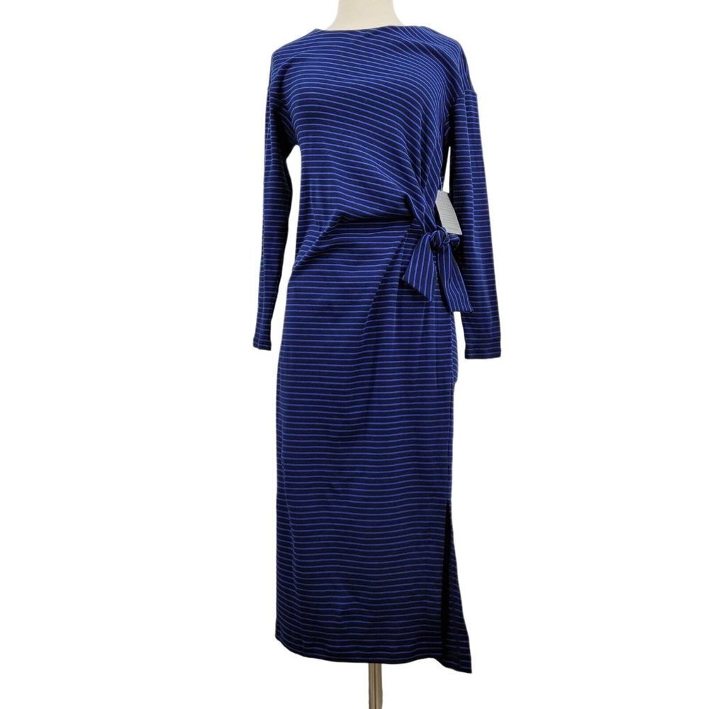 Melloday Women's Blue Black Stripe Long Sleeve Mid Length Dress Size S NWT